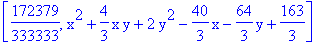 [172379/333333, x^2+4/3*x*y+2*y^2-40/3*x-64/3*y+163/3]